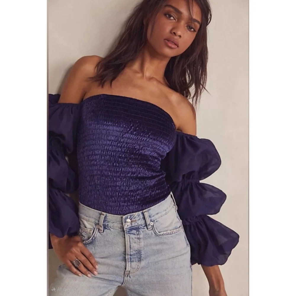 Free People Bodysuit Sz S Girls Just Wanna Velvet Smocked Puff Sleeve Navy Marin